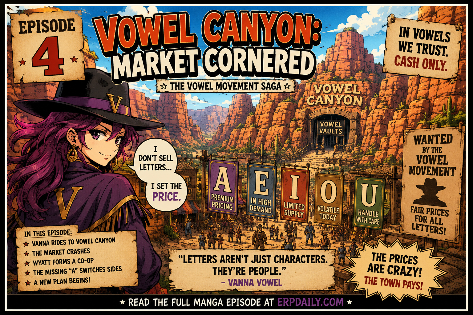 Vanna Vowel stands at Vowel Canyon with glowing vowels locked in vault doors while Wyatt and the town face her below.