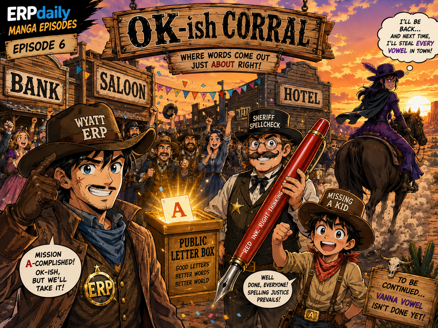 The OK-ish Corral victory scene with the public letter box glowing and town signs repaired.