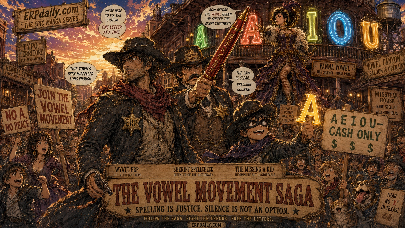 Wyatt Erp leads the Great Vowel Movement across Typo Territory with Vanna Vowel, Sheriff Spellcheck, and the Missing A Kid.
