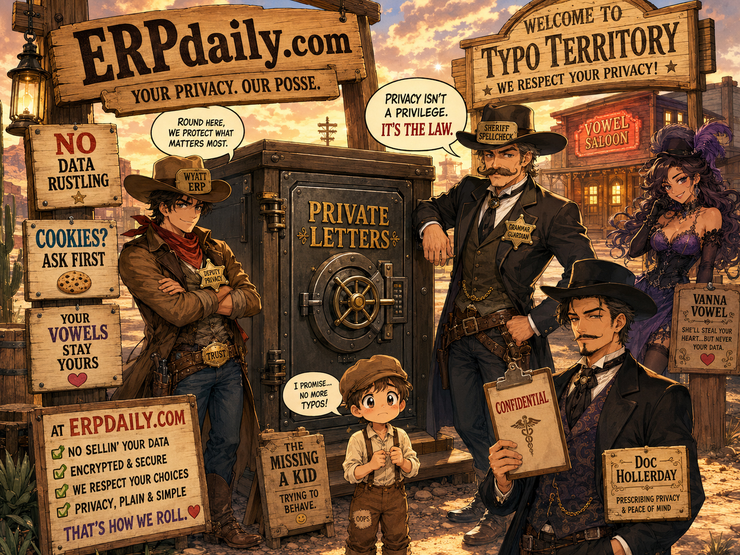 Wyatt Erp and Sheriff Spellcheck guarding a privacy vault full of protected letters in Typo Territory.