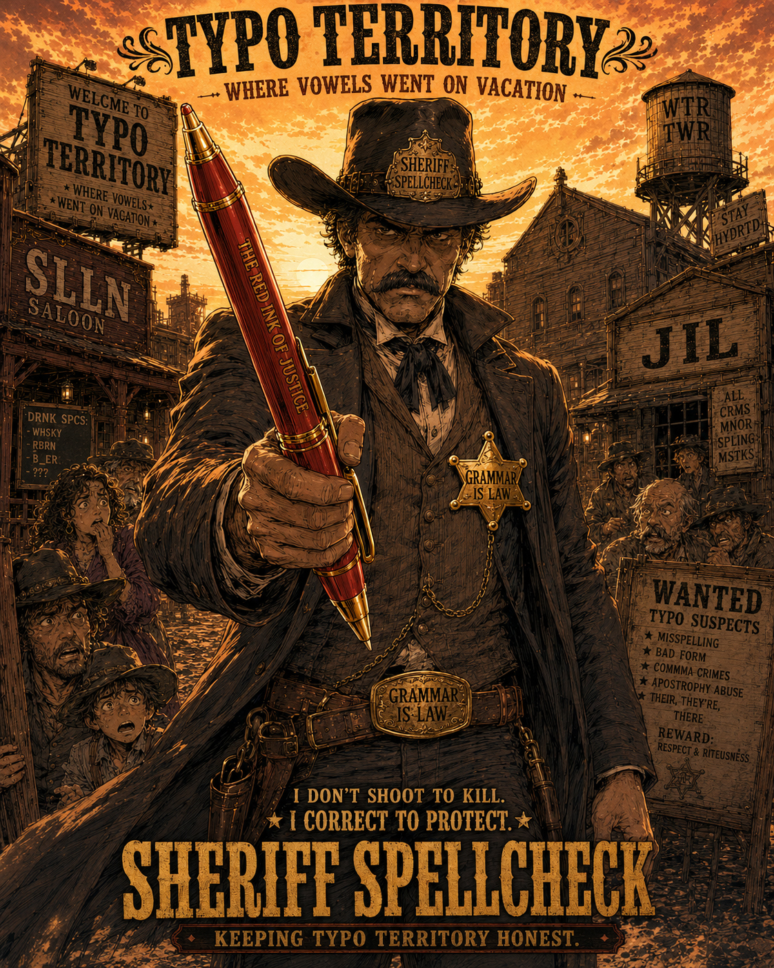 Sheriff Spellcheck standing in Typo Territory with a giant red pen and a stern expression.