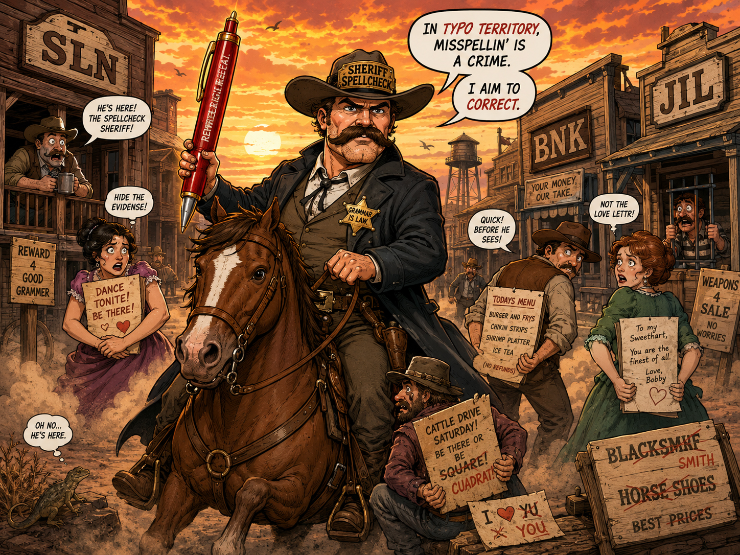 Sheriff Spellcheck rides into Typo Territory holding a giant red pen like a revolver.