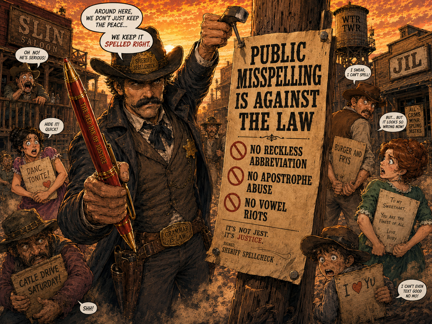 Sheriff Spellcheck posts a public misspelling law while townspeople groan.