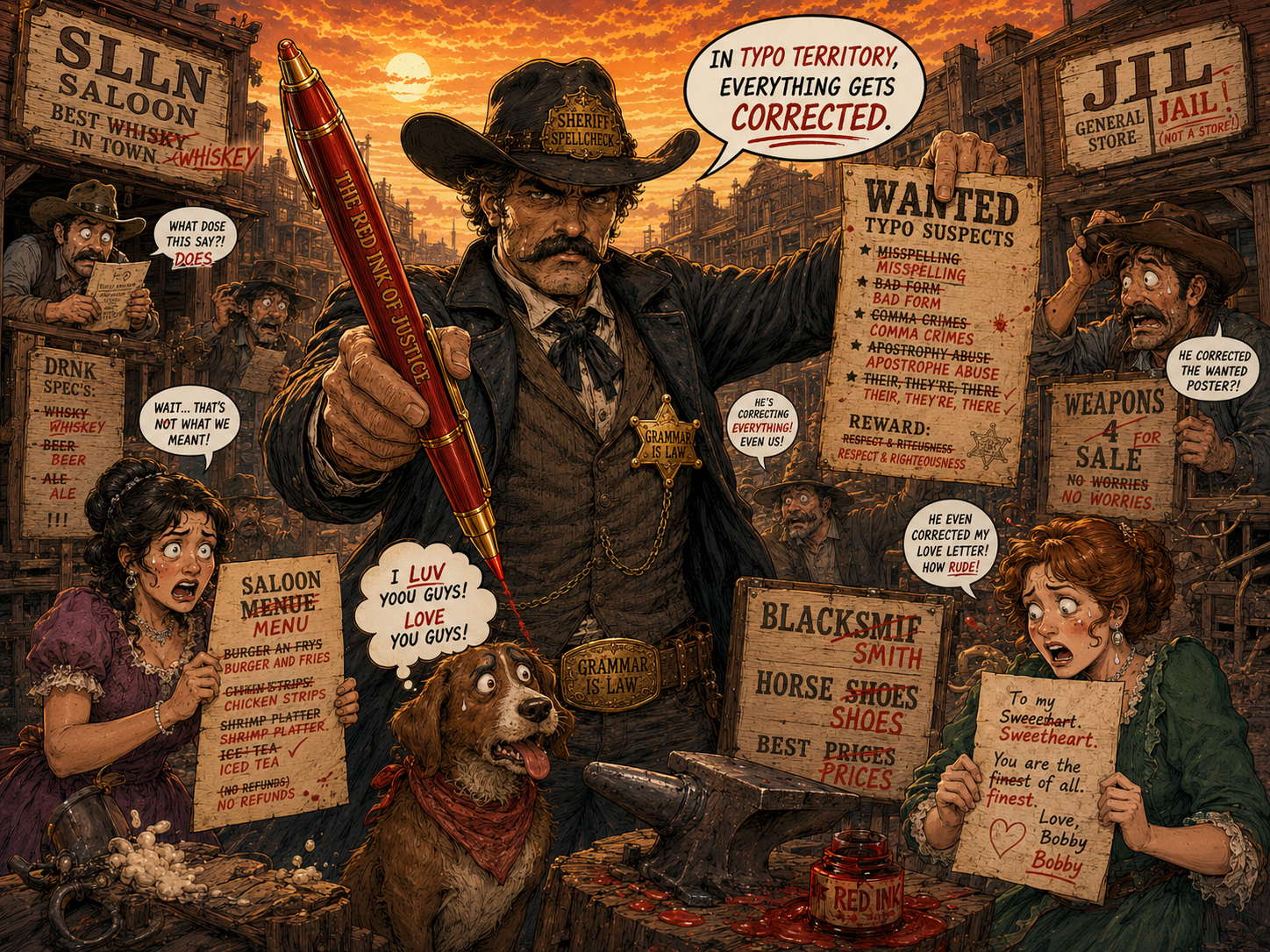 Sheriff Spellcheck corrects signs, menus, love letters, and wanted posters with red ink.