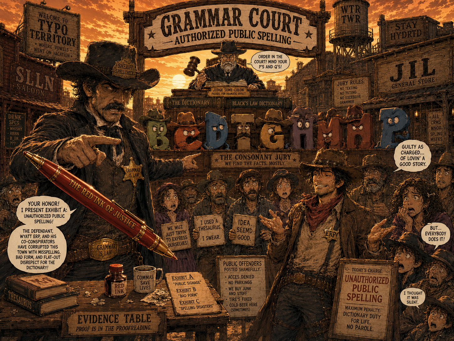 Sheriff Spellcheck creates Grammar Court with a judge bench made from dictionaries.