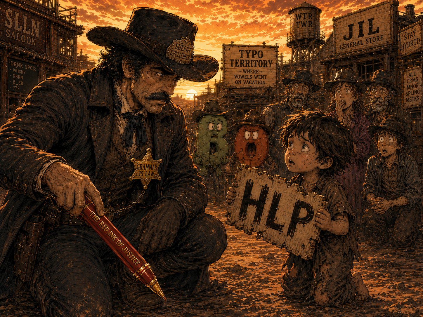 Sheriff Spellcheck sees a child holding a broken HLP sign and lowers his red pen.