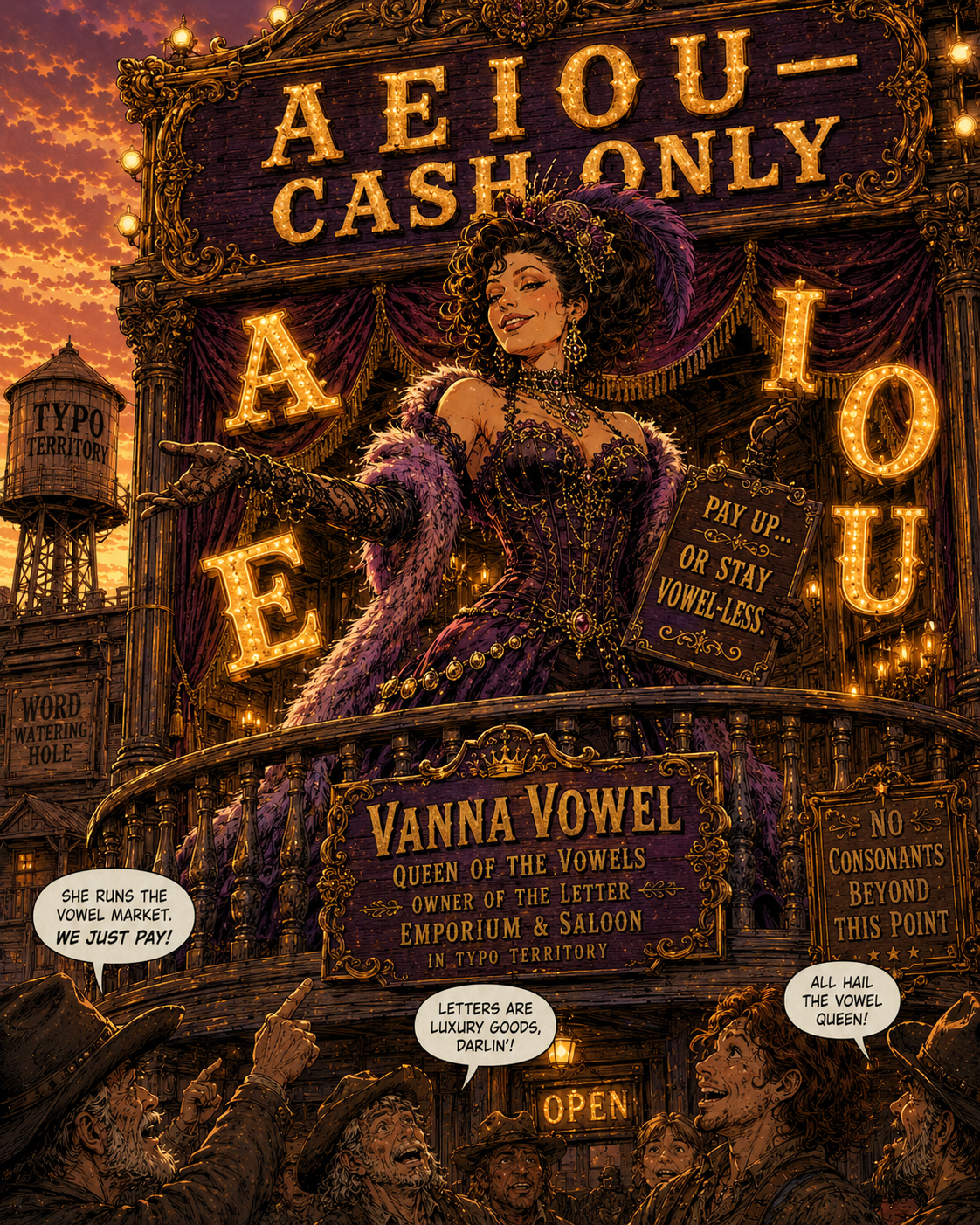Vanna Vowel standing on a saloon balcony with glowing vowels and a cash-only sign behind her.