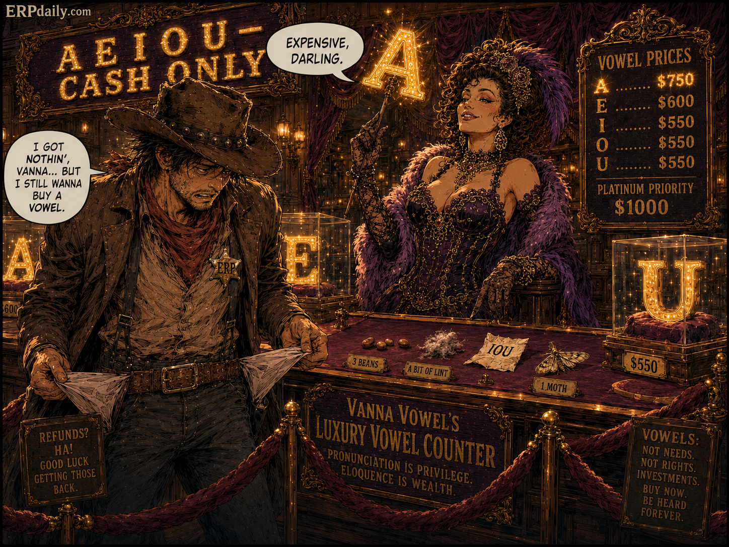 Wyatt Erp turns out empty pockets while Vanna holds a glowing A just out of reach.