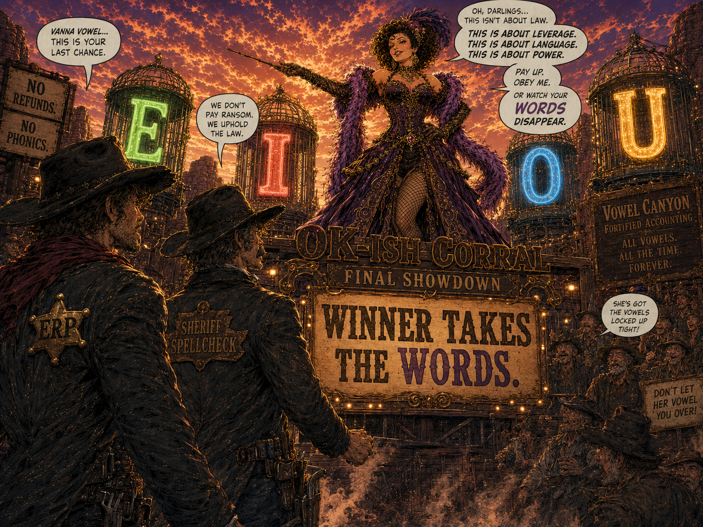 Vanna challenges Wyatt and Sheriff Spellcheck at the OK-ish Corral with glowing vowels behind her.