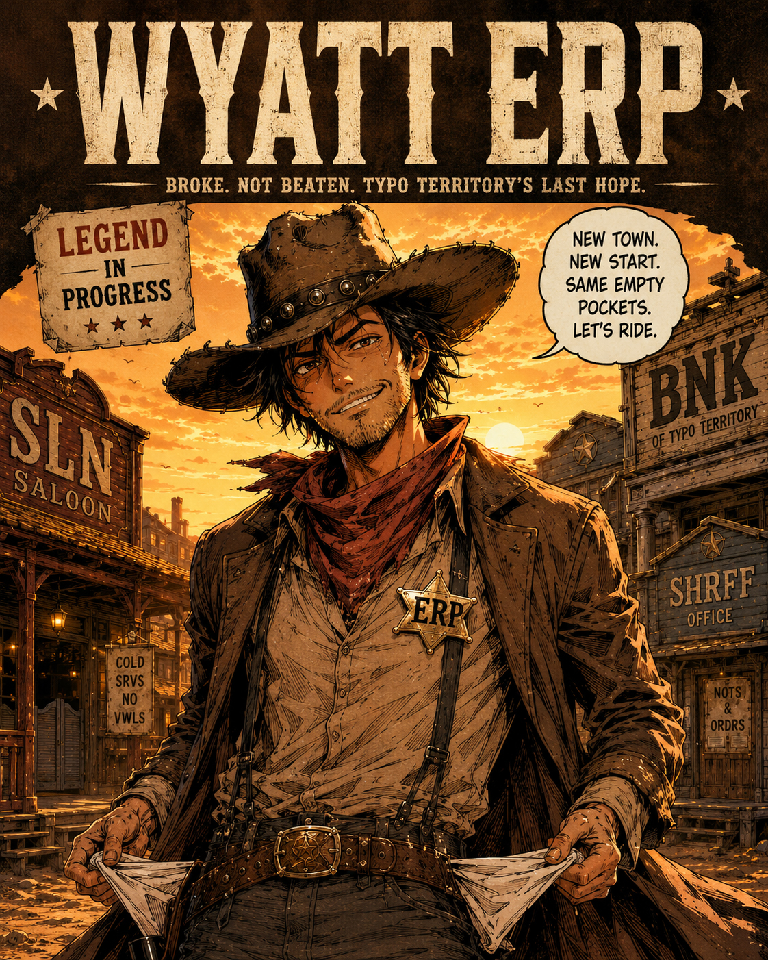 Wyatt Erp standing in Typo Territory with an ERP badge, empty pockets, and missing-vowel signs behind him.