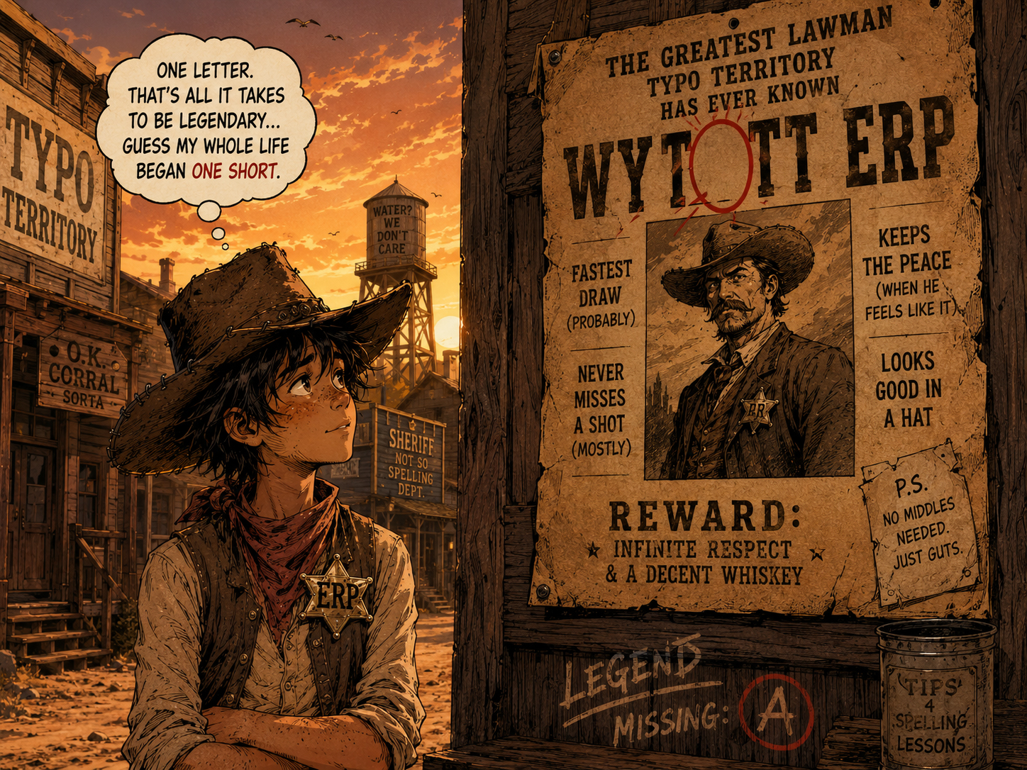 Young Wyatt Erp looks at a famous lawman poster with the missing A circled.
