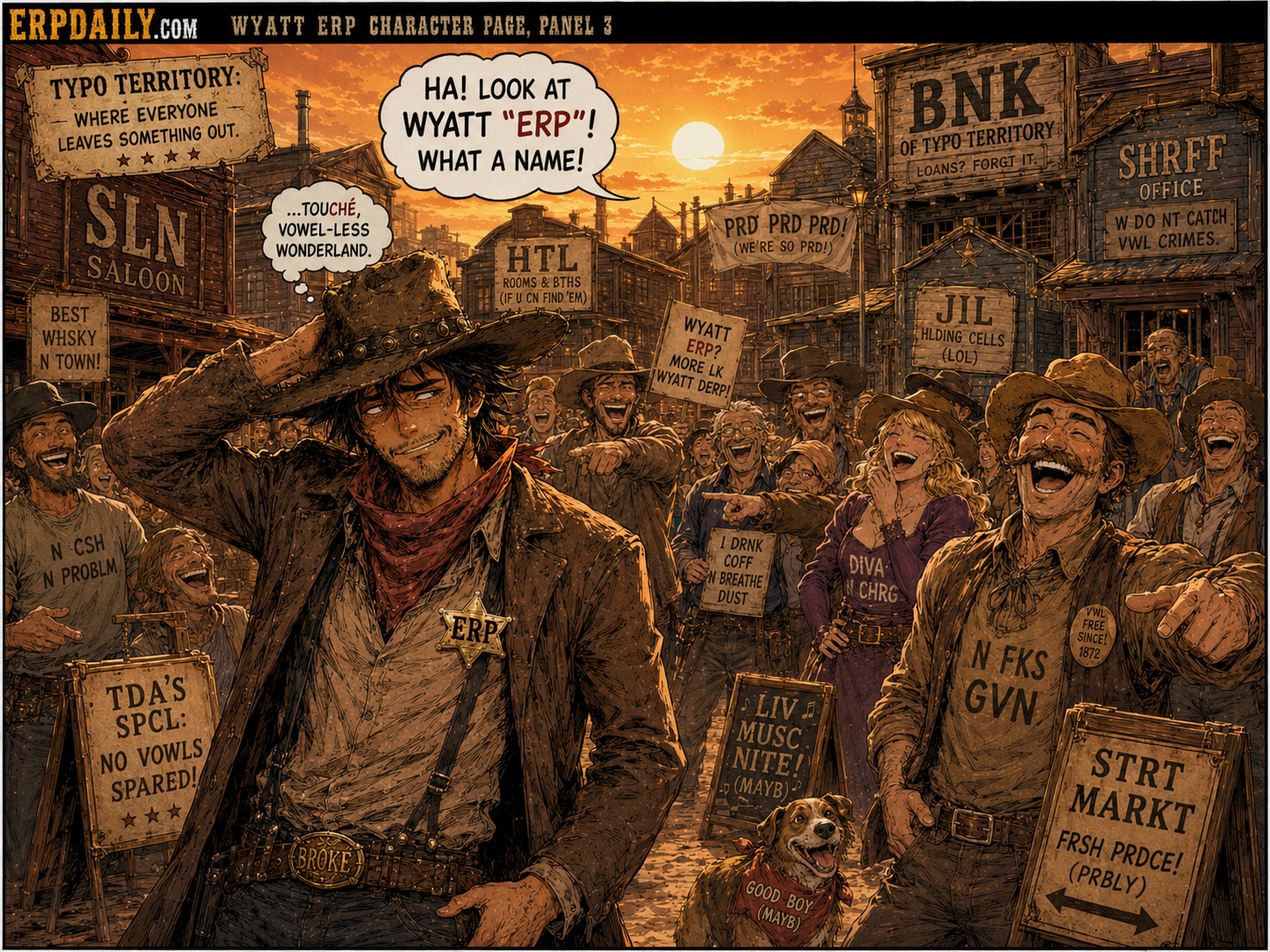 Townspeople laugh at Wyatt Erp while their own signs are missing vowels.