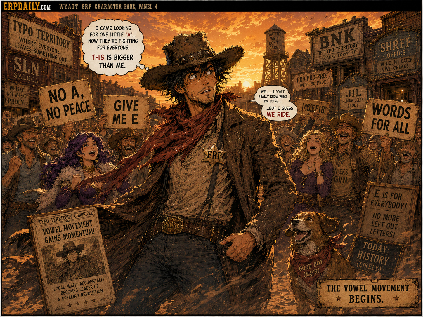 Wyatt stands in the dusty street as townspeople gather behind protest signs demanding vowels.