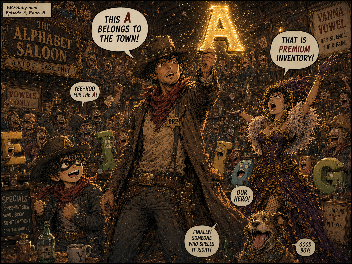 Wyatt raises the glowing public A above the crowd inside the Alphabet Saloon.