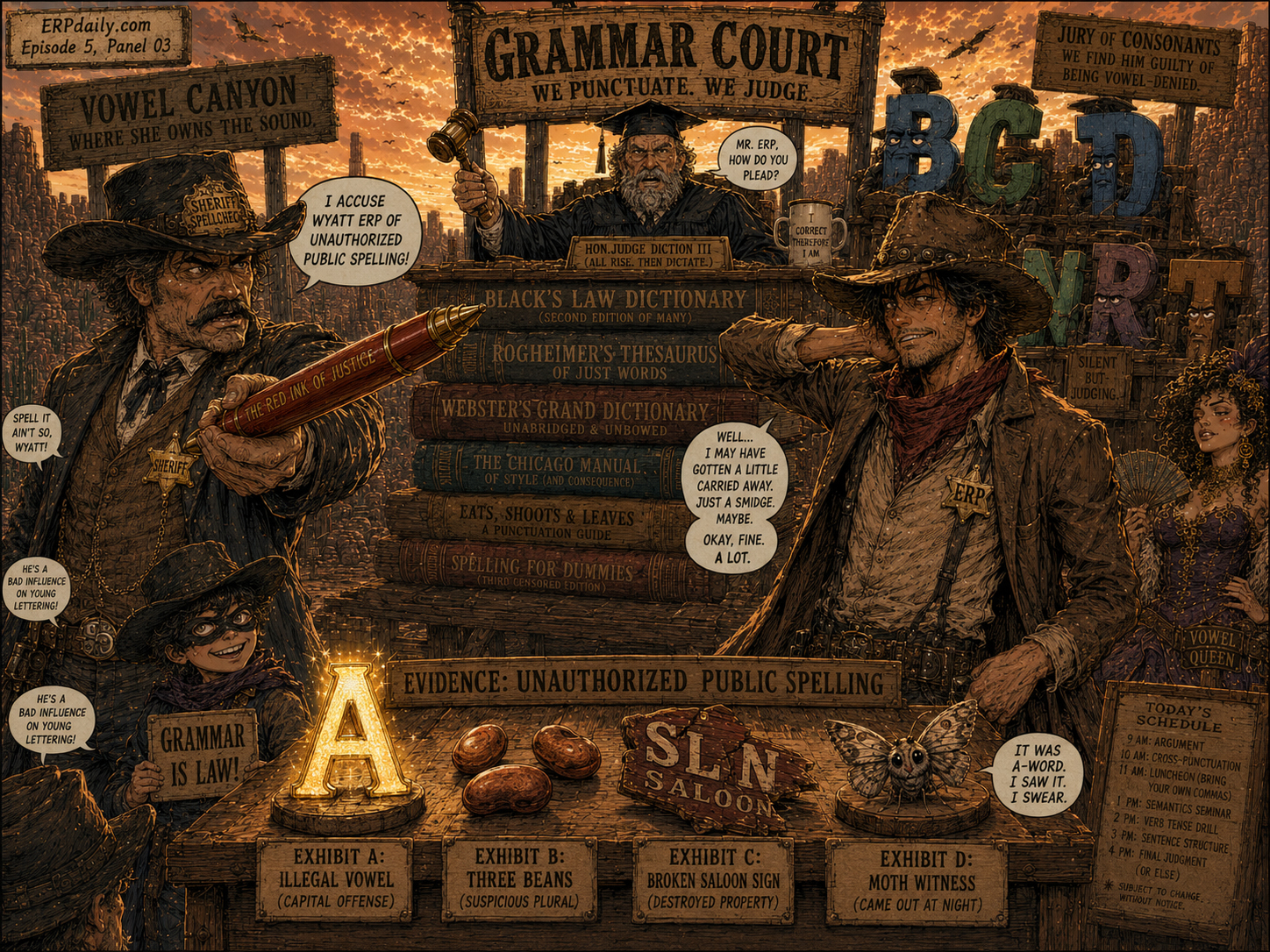 Wyatt stands trial in Grammar Court for unauthorized public spelling.