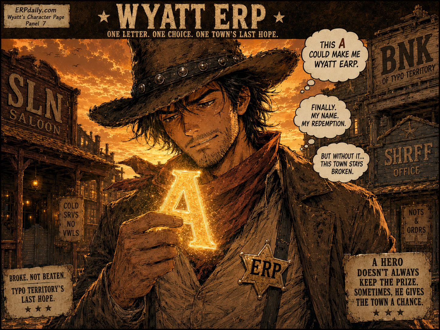 Wyatt holds the glowing A near his badge but hesitates as broken town signs need the letter.