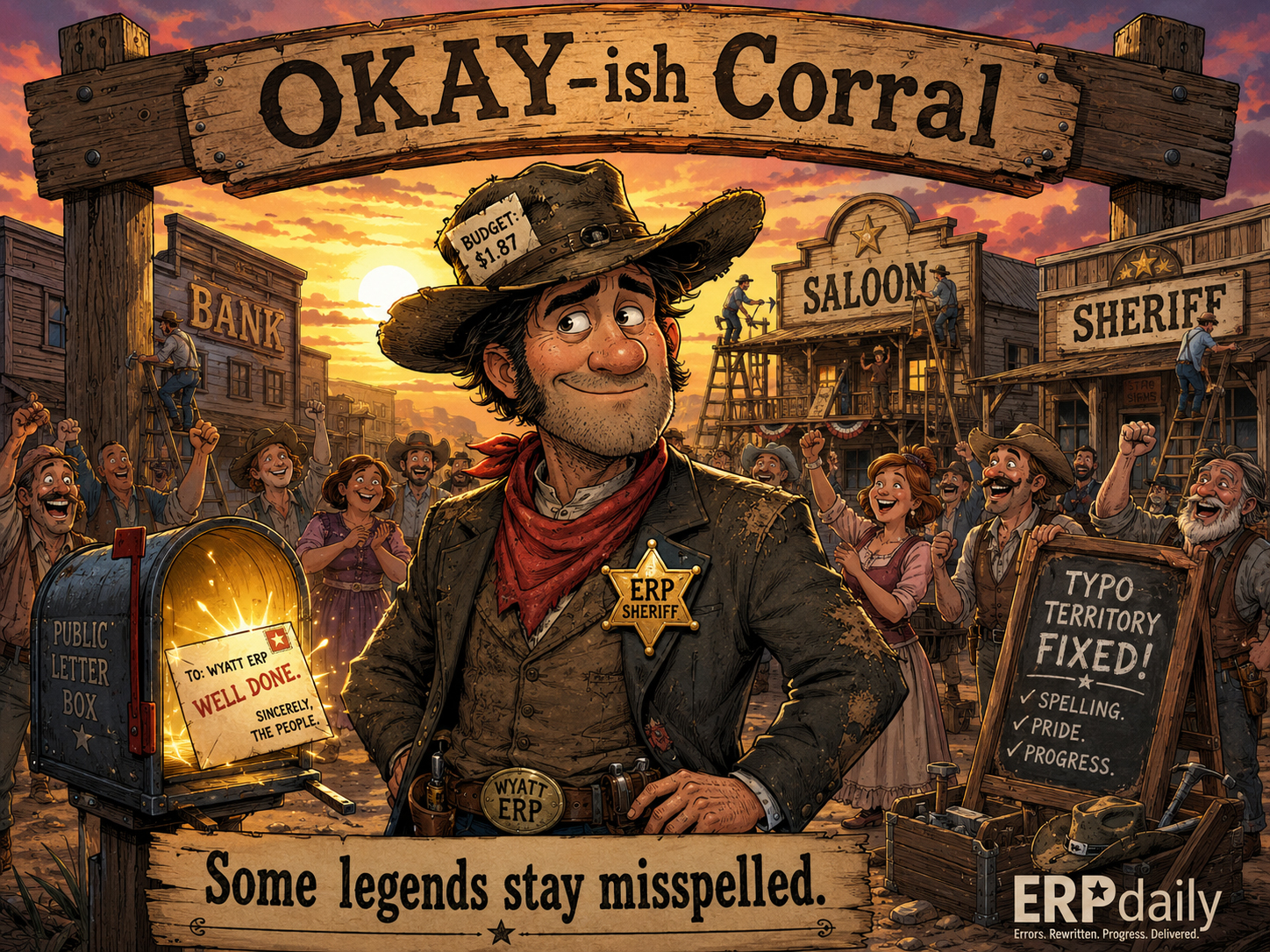 Wyatt smiles under the OKAY-ish Corral sign as the town celebrates repaired signs.